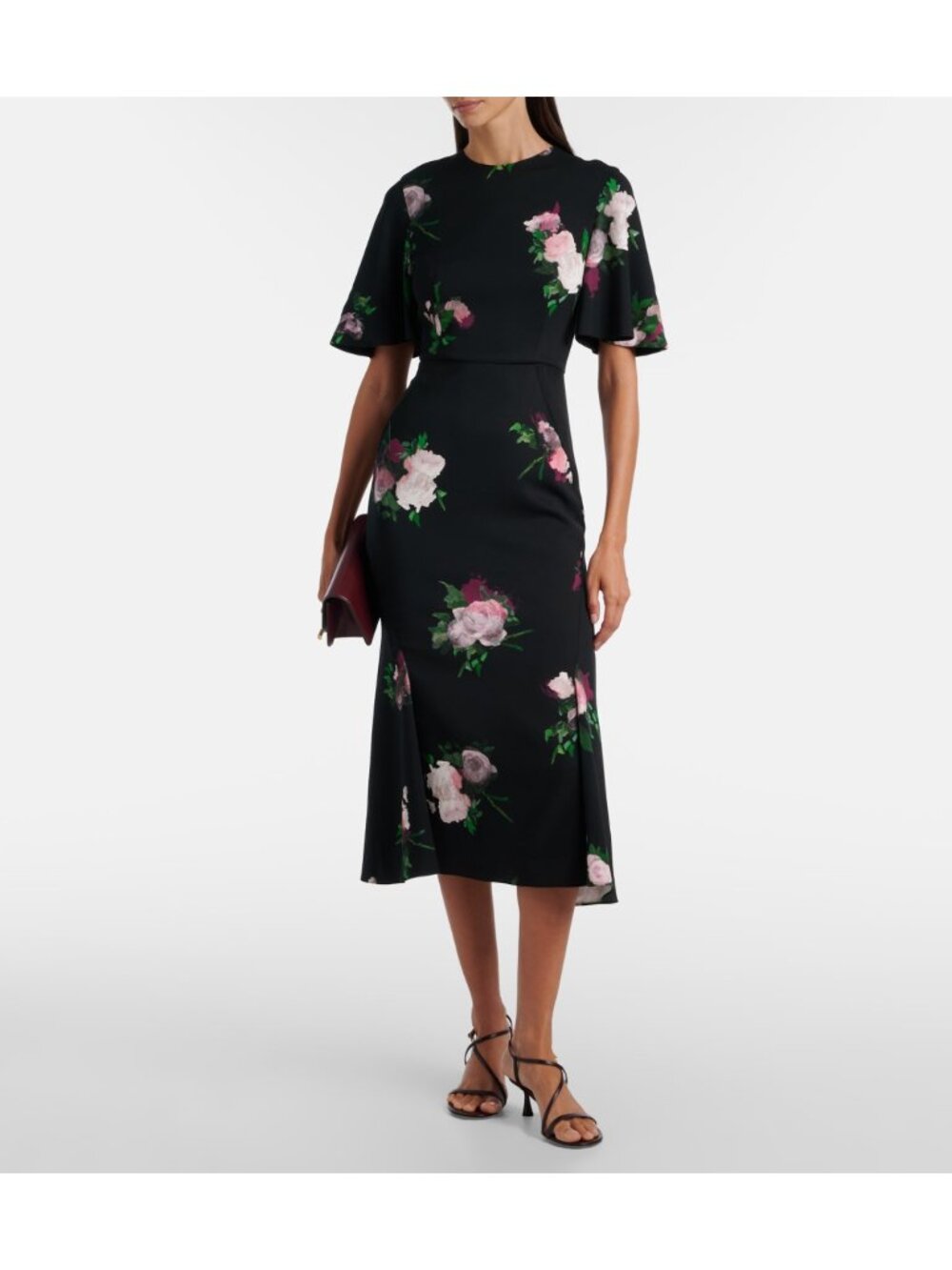 ERDEM Floral Flutter Sleeve Stretch Cady black Midi Dress SIZE US 4